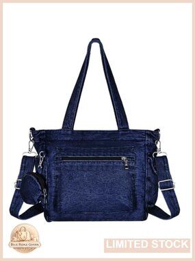 Washed Denim Tote Bag Crossbody Shoulder Handbag with Detachable Strap